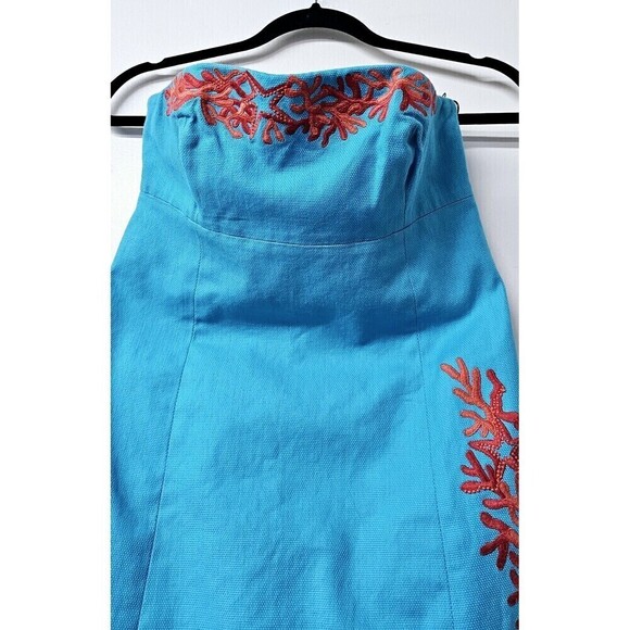 LILLY PULITZER Blue Cotton Coral Embroidered Strapless Women Bowen Dress (0) - Picture 2 of 6